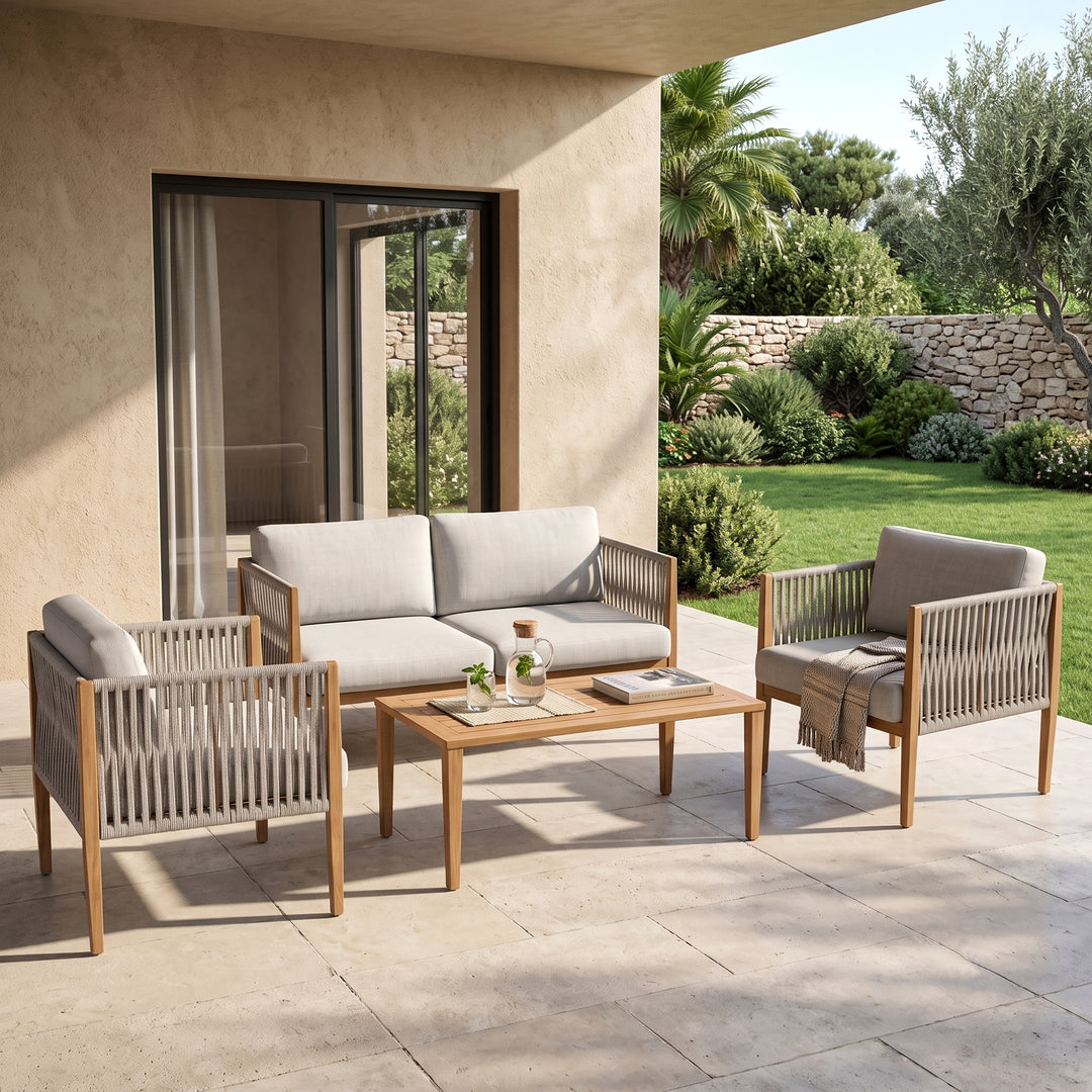 Luna Outdoor Garden Balcony Sofa Set 2 Seater , 2 Single Seater 1 Center Table Set (Grey) Braided and Rope
