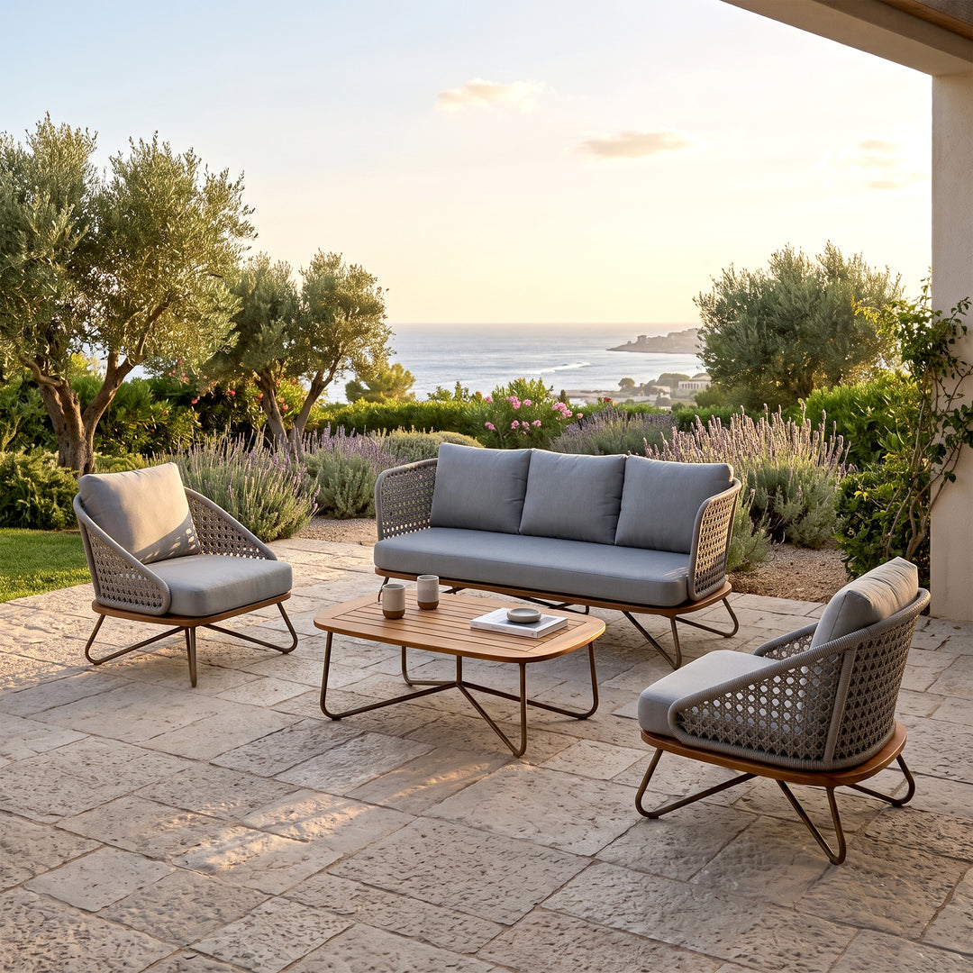 Marcela Outdoor Sofa Set 3 Seater, 2 Single seater and 1 Center Table Set (Grey) Braided & Rope