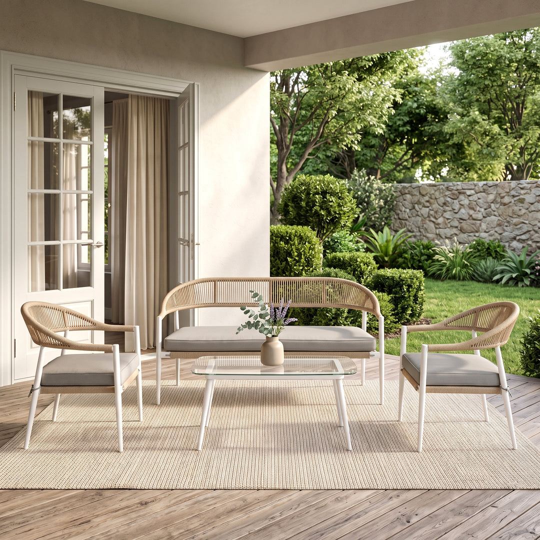 Marianela Outdoor Sofa Set 2 Seater, 2 Single seater and 1 Center Table Set (White) Braided & Rope