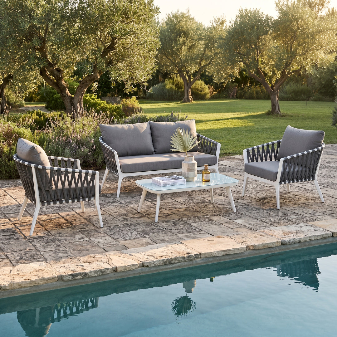 Mazzanti Outdoor Sofa Set 2 Seater , 2 Single seater and 1 Center Table (White + Brown) Braided & Rope