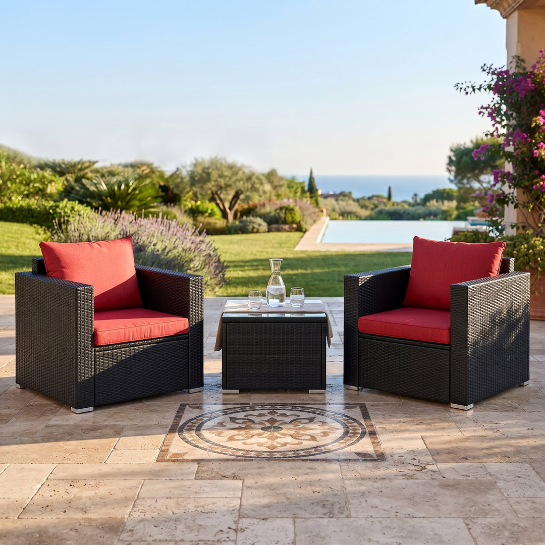 Monaldo Outdoor Sofa Set 2 Single seater and 1 Center Table (Black + Red)