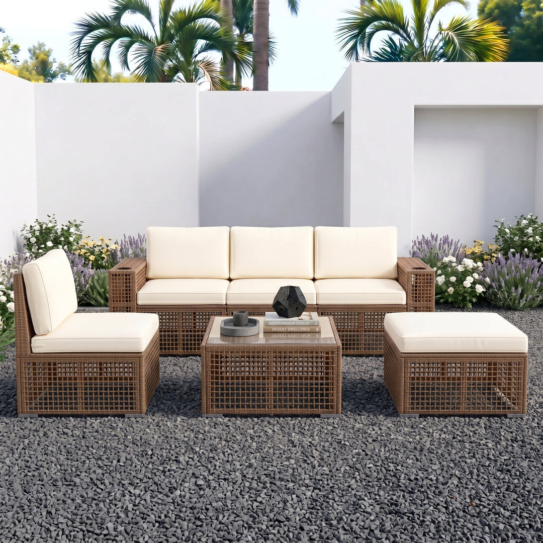 Nista Outdoor Patio Sofa Set 3 Seater 1 single seater and 1 Table With 1 Ottoman Set (Brown)
