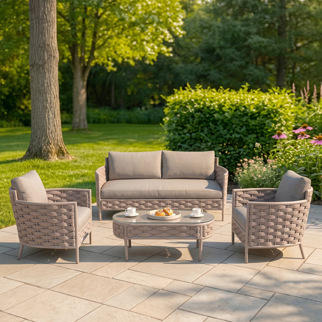Nivio Outdoor Garden Balcony Sofa Set 2 Seater, 2 Single seater and 1 Center Table Set ( Biege) Braid & Rope