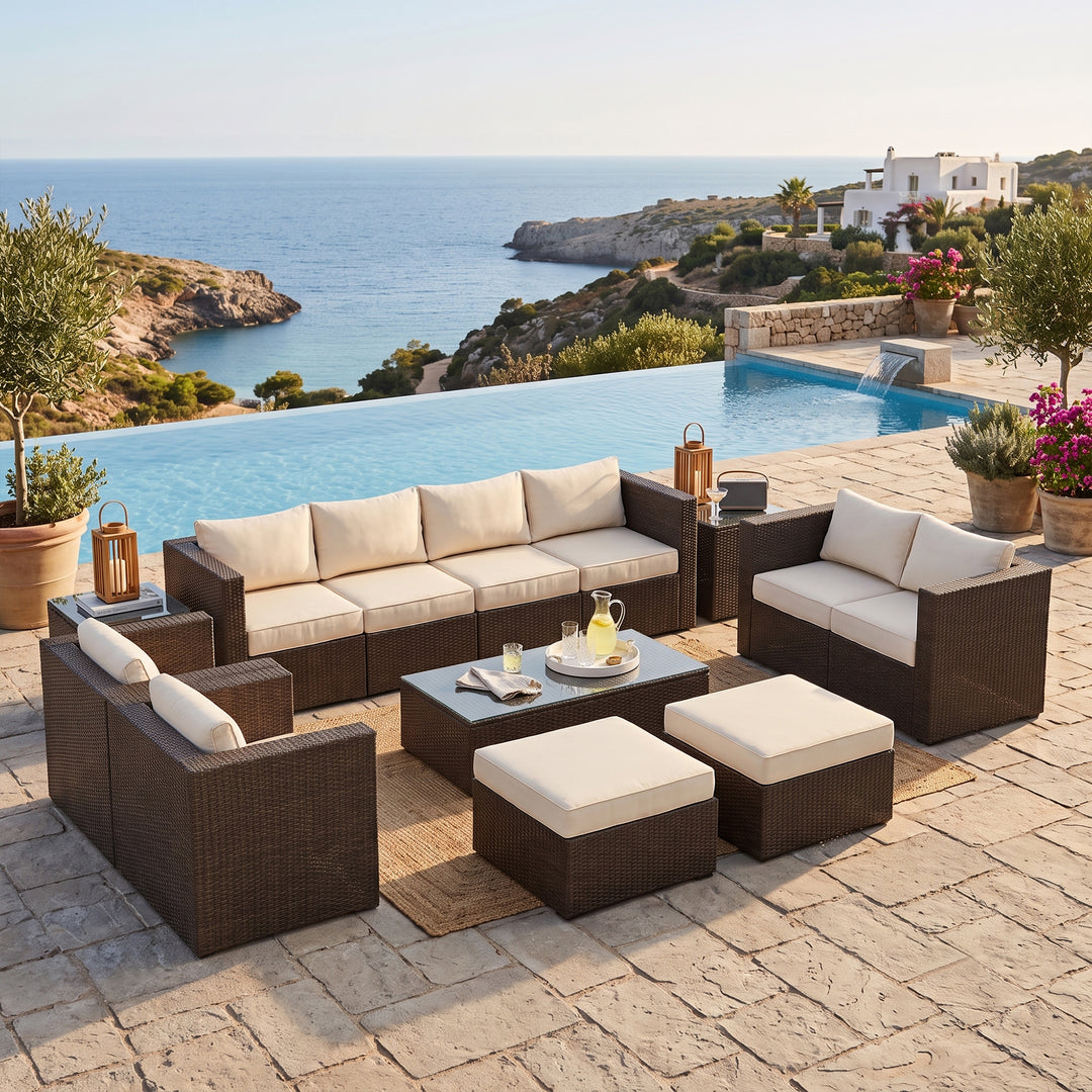 Olivier Outdoor Sofa Set 4 Seater ,2 Seater, 2 Single Seater and 2 Center Table with 2 Ottoman Set (Brown +Cream)