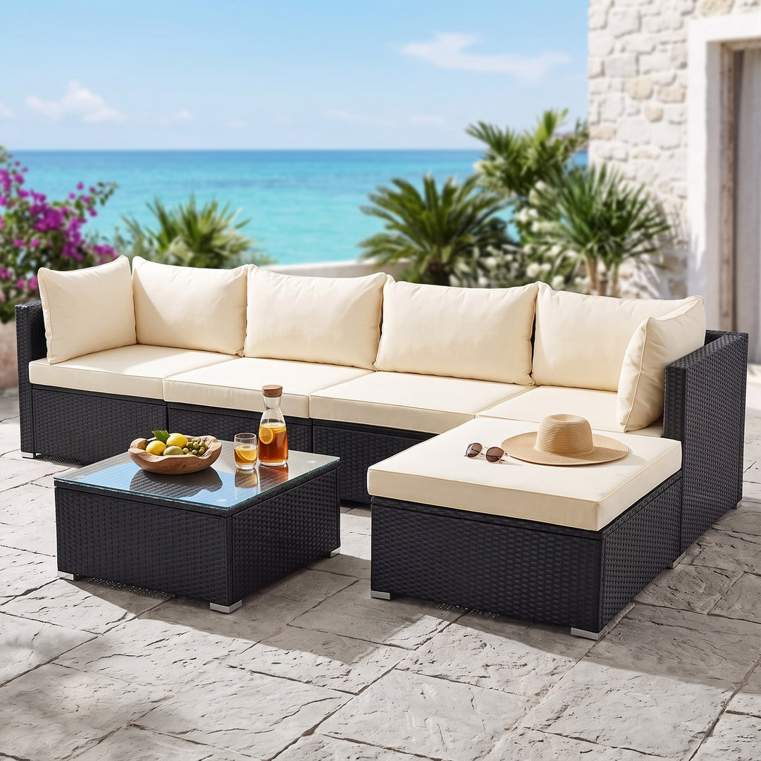 Ollie Outdoor Patio Sofa Set 4 Seater and 1 Table With 1 Ottoman Set (Black + Cream)