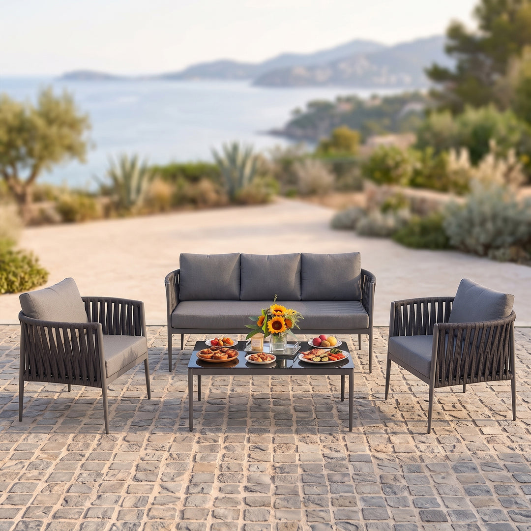 Pablo Outdoor Garden Balcony Sofa Set 3 Seater, 2 Single seater and 1 Table Set Braid & Rope (Dark Grey)