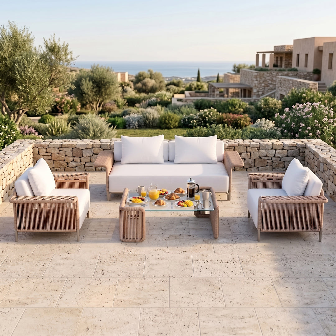 Parlak Outdoor Garden Balcony Sofa Set 2 Seater, 2 Single seater and 1 Center Table  Set (Beige) Braided & Rope