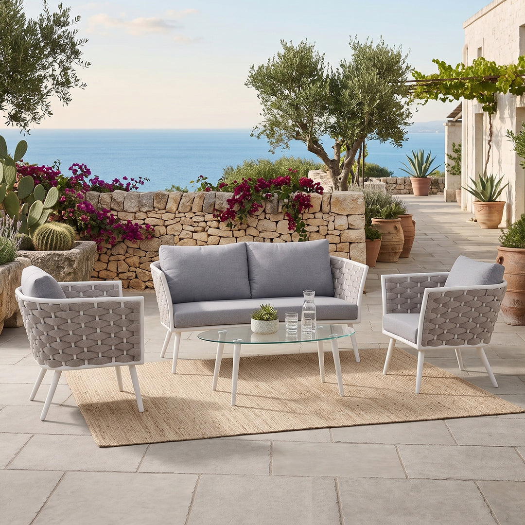 Pozen Outdoor Garden Balcony Sofa Set  2 Seater, 2 Single seater and 1 Center Table Set, Braid & Rope (White)