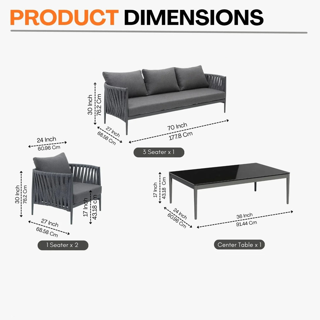 Product dimensions chart for outdoor furniture including a sofa, chairs, and a center table with weight and size details.