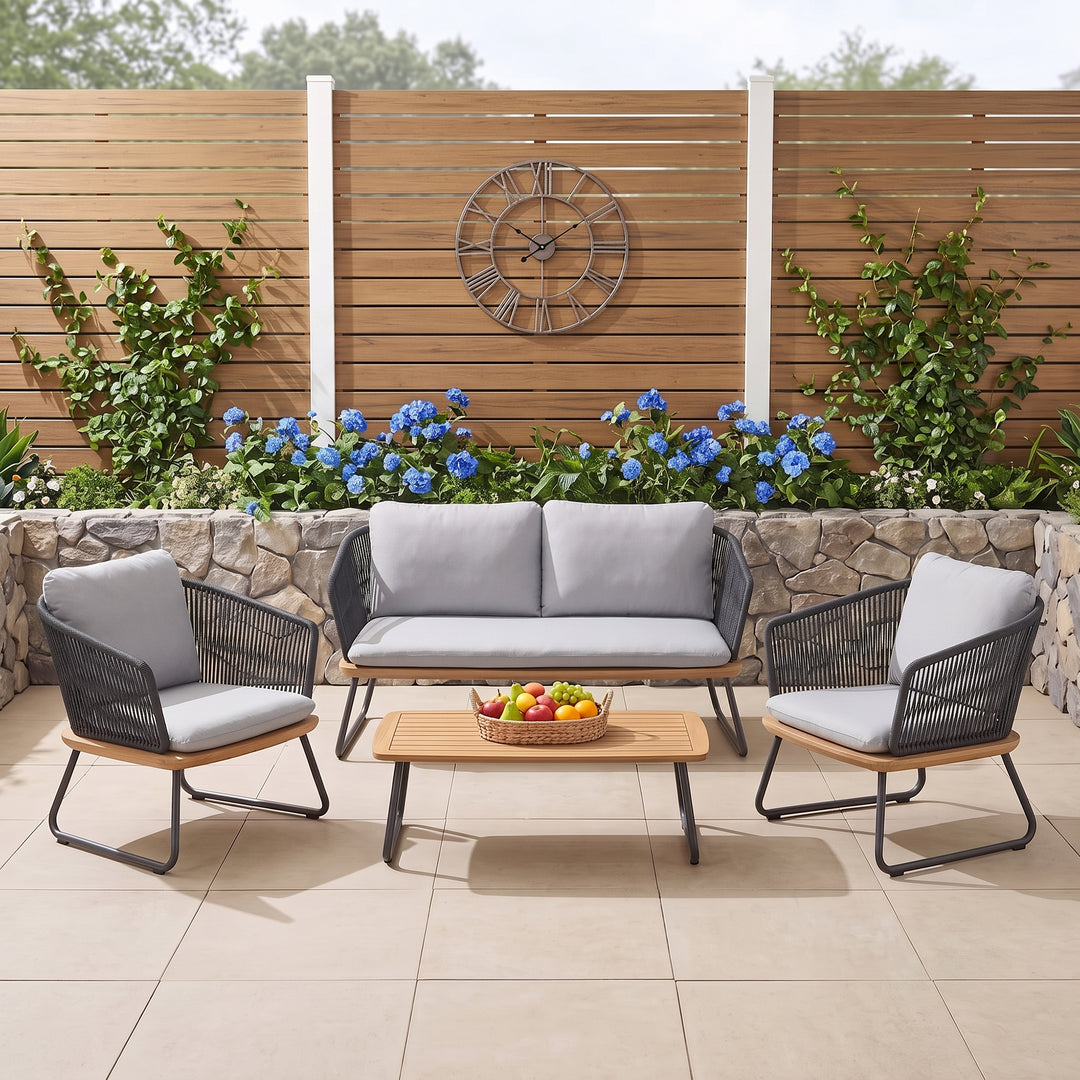 Reevo Outdoor Garden Balcony Sofa Set 2 Seater , 2 Single Seater 1 Center Table Set (Dark Grey) Braided and Rope