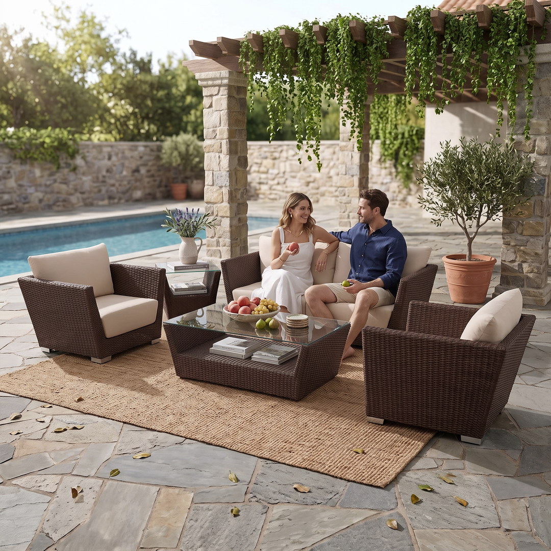 Reflin Outdoor Garden Balcony Sofa Set 2 Seater , 2 Single Seater and 1 Center Table With 1 Side Table Set (Brown + Beige)