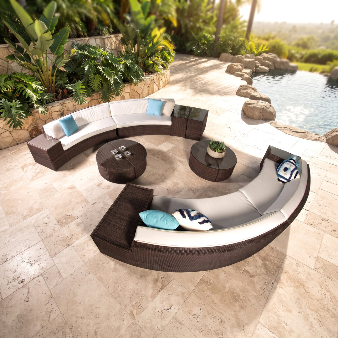Rossi Outdoor Patio Round Sofa Set 8 Seater , 1 Side table and 2 Center Table (Brown)