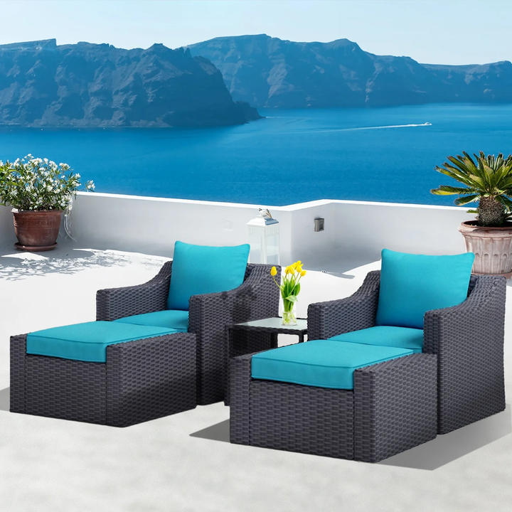 Alfonso Outdoor Patio Sofa Set 2 Single Seater , 2 ottoman and 1 Center Table Set (Black + Blue)