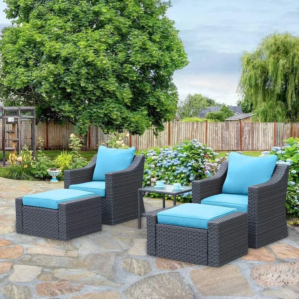 Alfonso Outdoor Patio Sofa Set 2 Single Seater , 2 ottoman and 1 Center Table Set (Black + Blue)