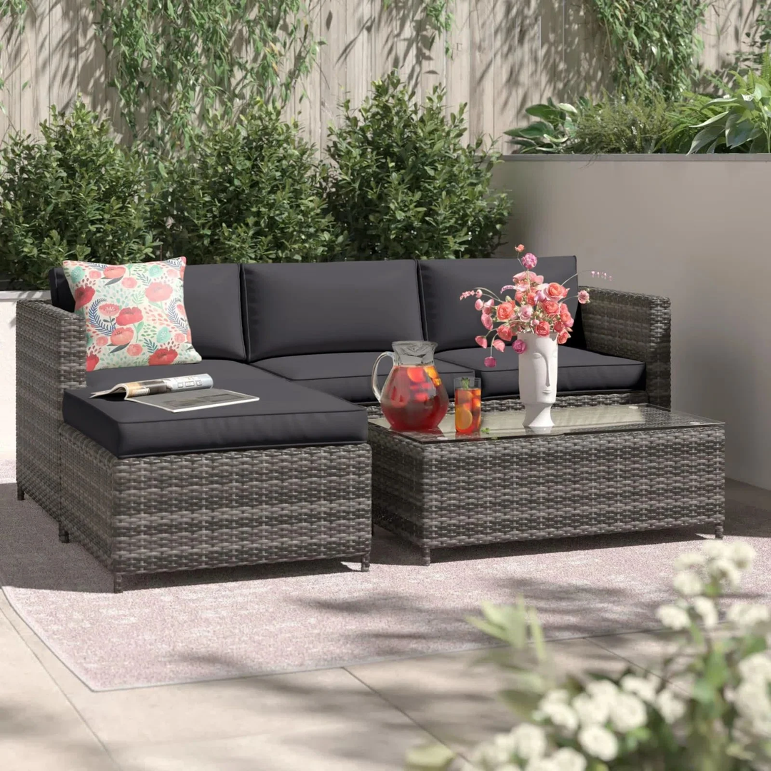 Voigt Outdoor Patio Sofa Set single Seater ottoman and Center Table Set (Black)