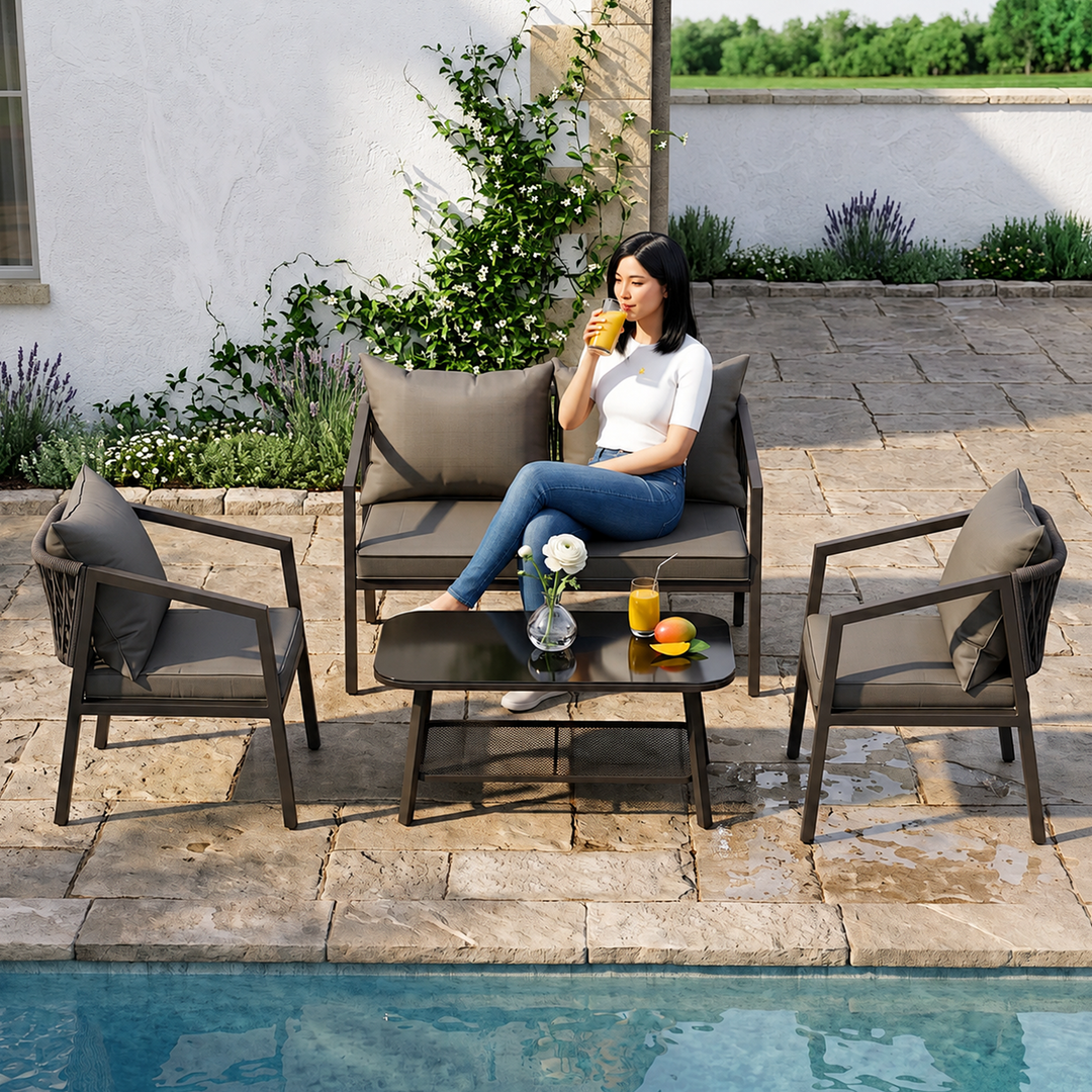 Siti Outdoor Garden Balcony Sofa Set 2 Seater , 2 Single Seater 1 Center Table Set (Black) Braided and Rope