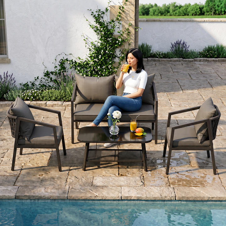 Siti Outdoor Garden Balcony Sofa Set 2 Seater , 2 Single Seater 1 Center Table Set (Black) Braided and Rope