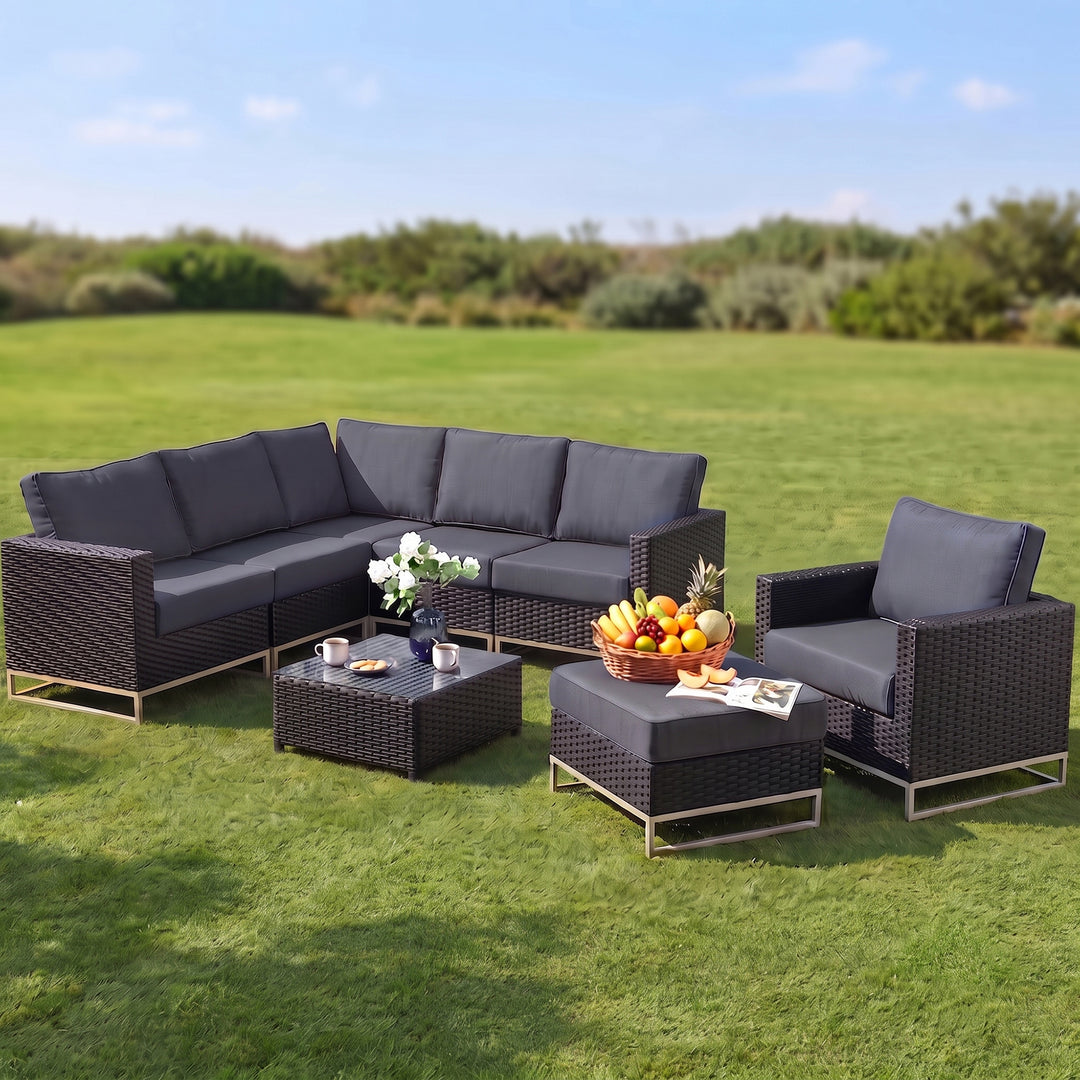 Slue Outdoor Sofa Set 5 Seater , Single seater With Ottoman and 1 Center Table Set (Black)