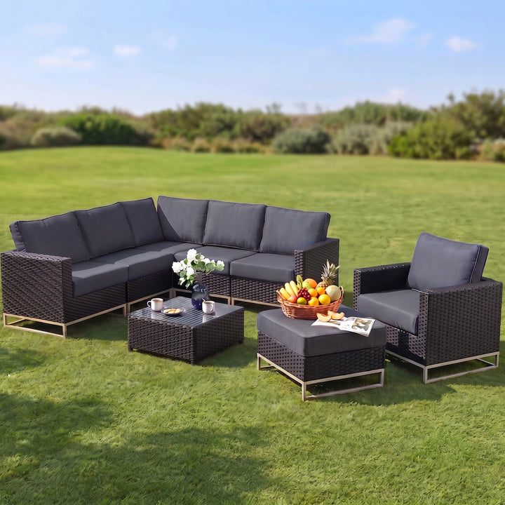 Slue Outdoor Sofa Set 5 Seater , Single seater With Ottoman and 1 Center Table Set (Black)