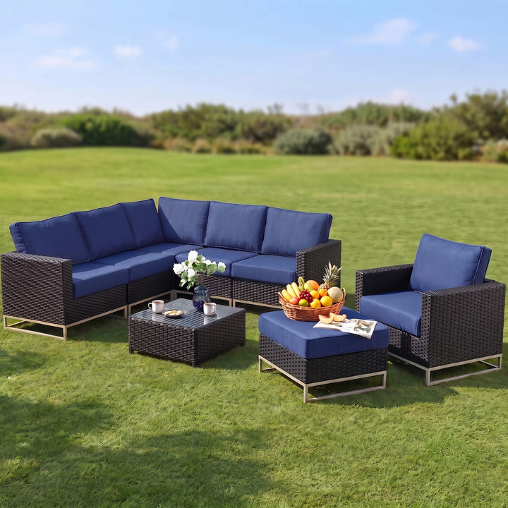 Slue Outdoor Sofa Set 5 Seater , Single seater With Ottoman and 1 Center Table Set (Black)