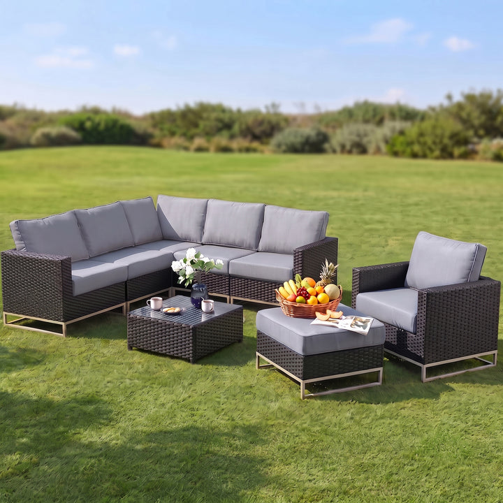 Slue Outdoor Sofa Set 5 Seater , Single seater With Ottoman and 1 Center Table Set (Black)