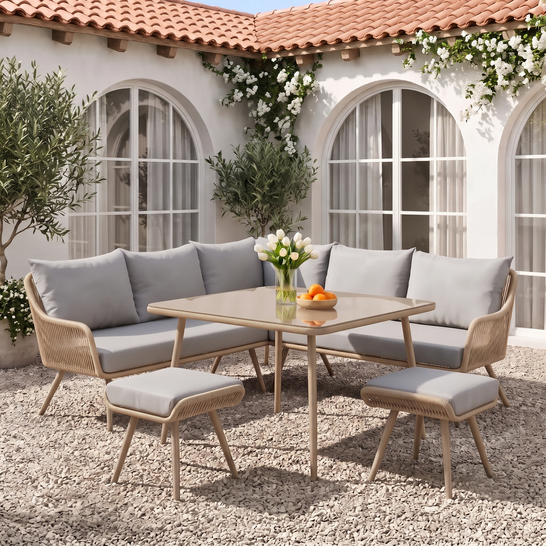 Stash Outdoor Garden Balcony Sofa Set 5 Seater  and 1 Center Table With 2 Ottoman Set (Beige)