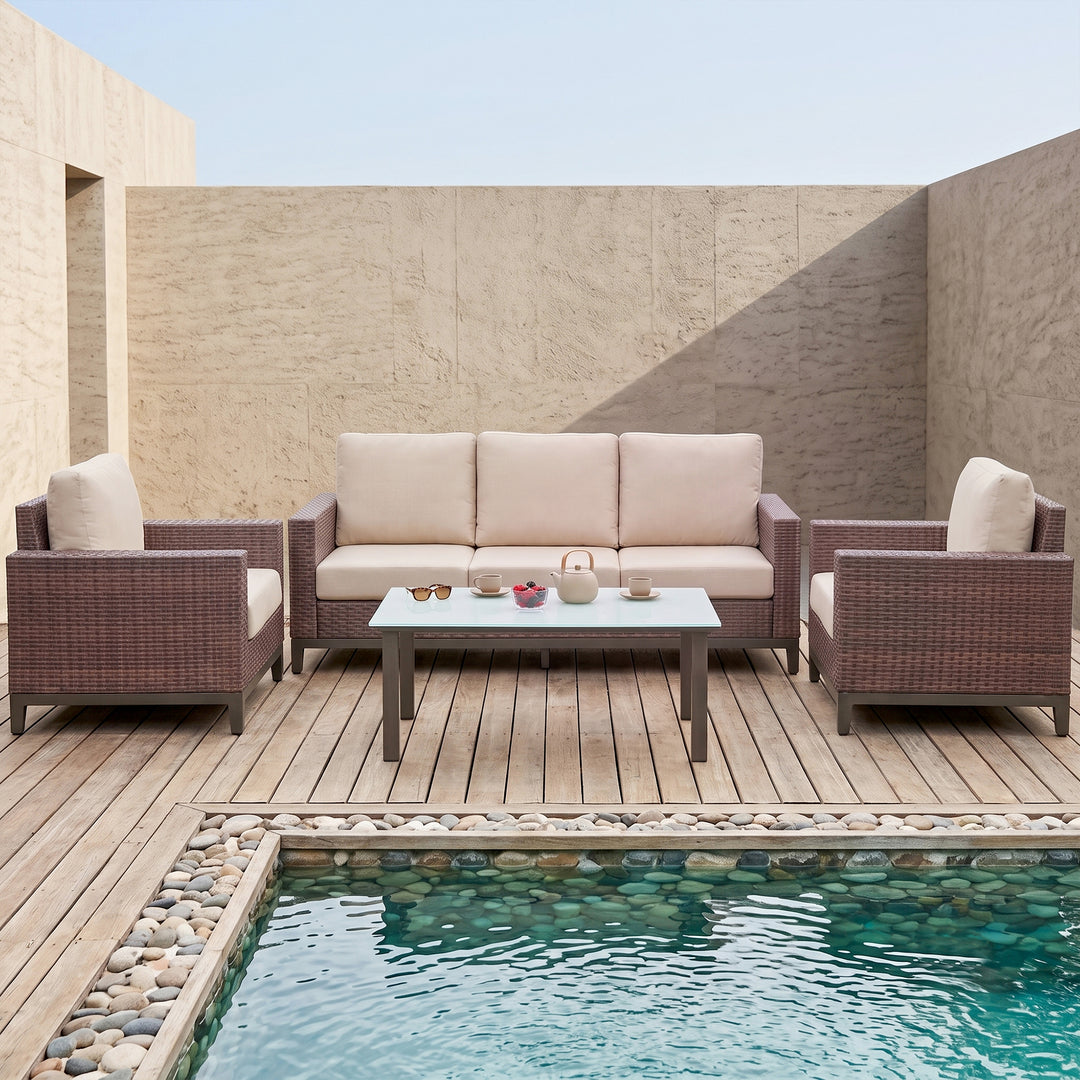 Tello Outdoor Garden Balcony Sofa Set 3 Seater, 2 Single seater and 1 Center Table Set (Brown)