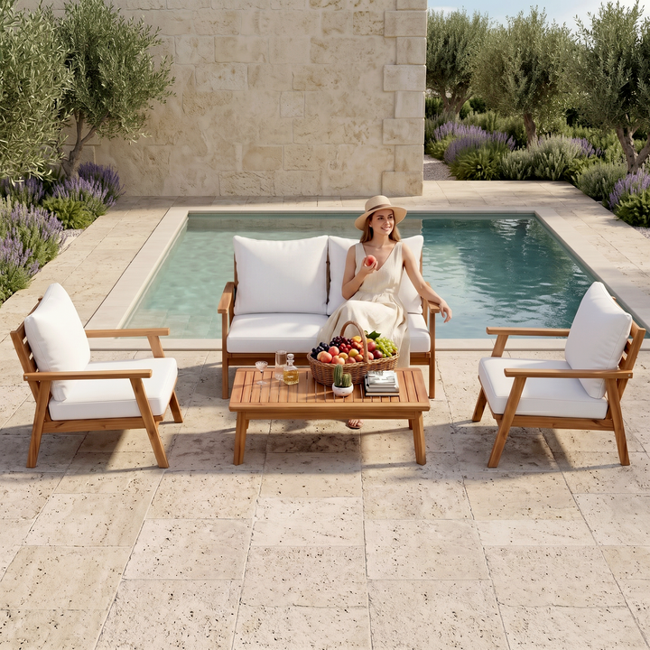 Terra Outdoor Garden Balcony Sofa Set 2 Seater , 2 Single Seater 1 Center Table Set (White) Teak Wood and Braided & Rope