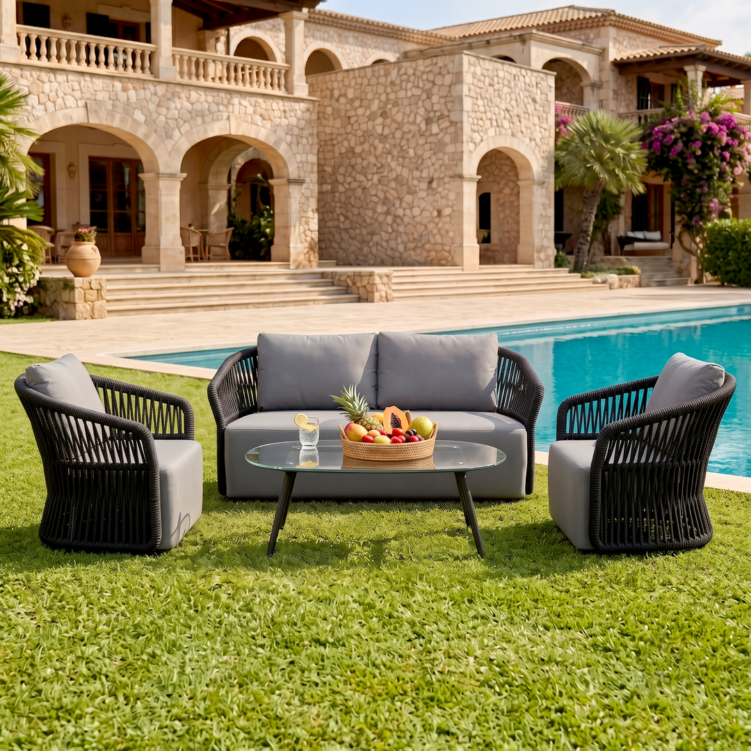 Thoma Outdoor Garden Balcony Sofa Set 2 Seater , 2 Single Seater 1 Center Table Set, Braid & Rope