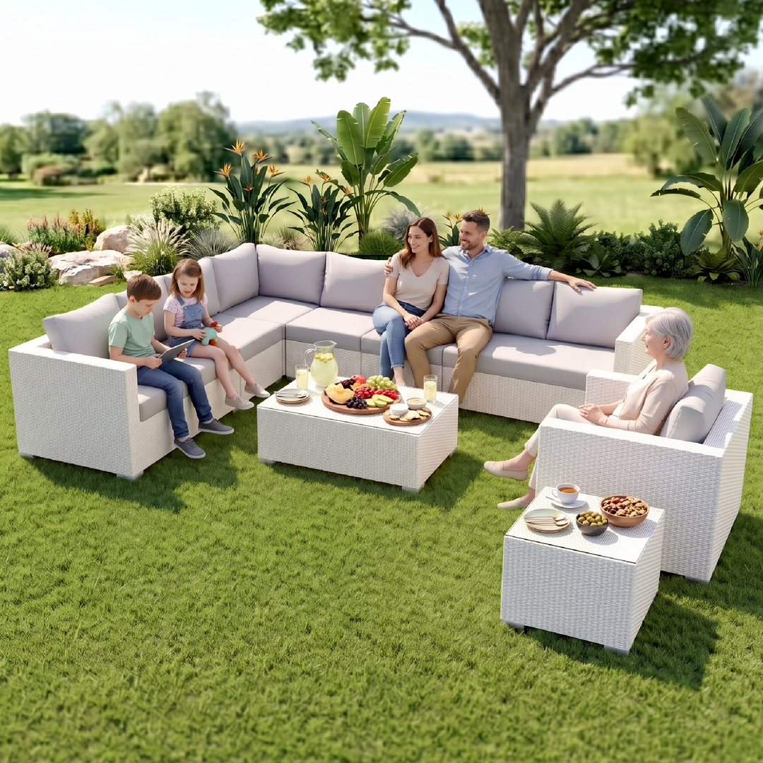 Ulva Outdoor Sofa Set 8 Seater , Single Seater and 2 Center Table Set (White)
