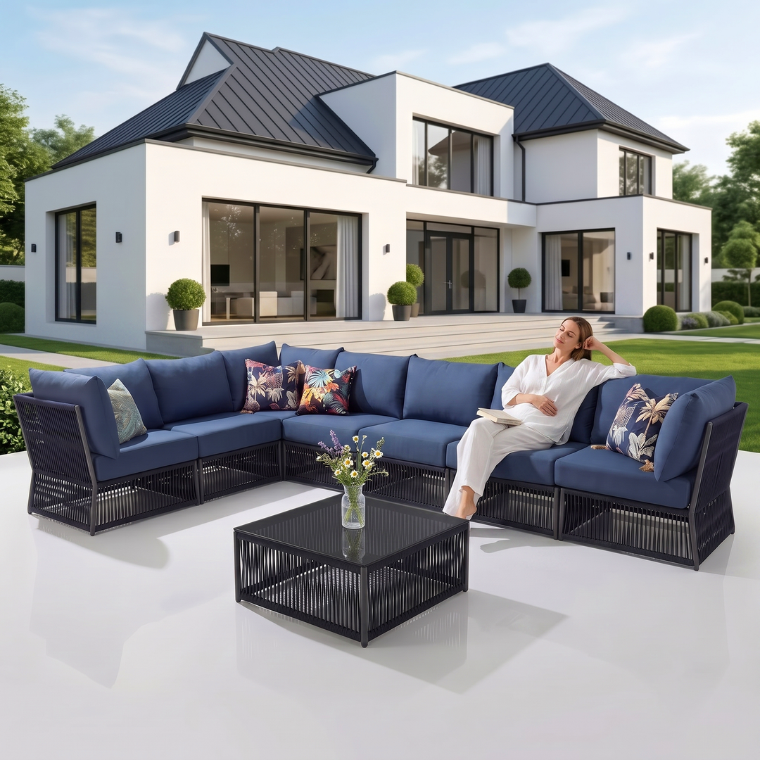 Valencia Outdoor Sofa Set 7 Seater, 1 Center Table Set Braided & Rope