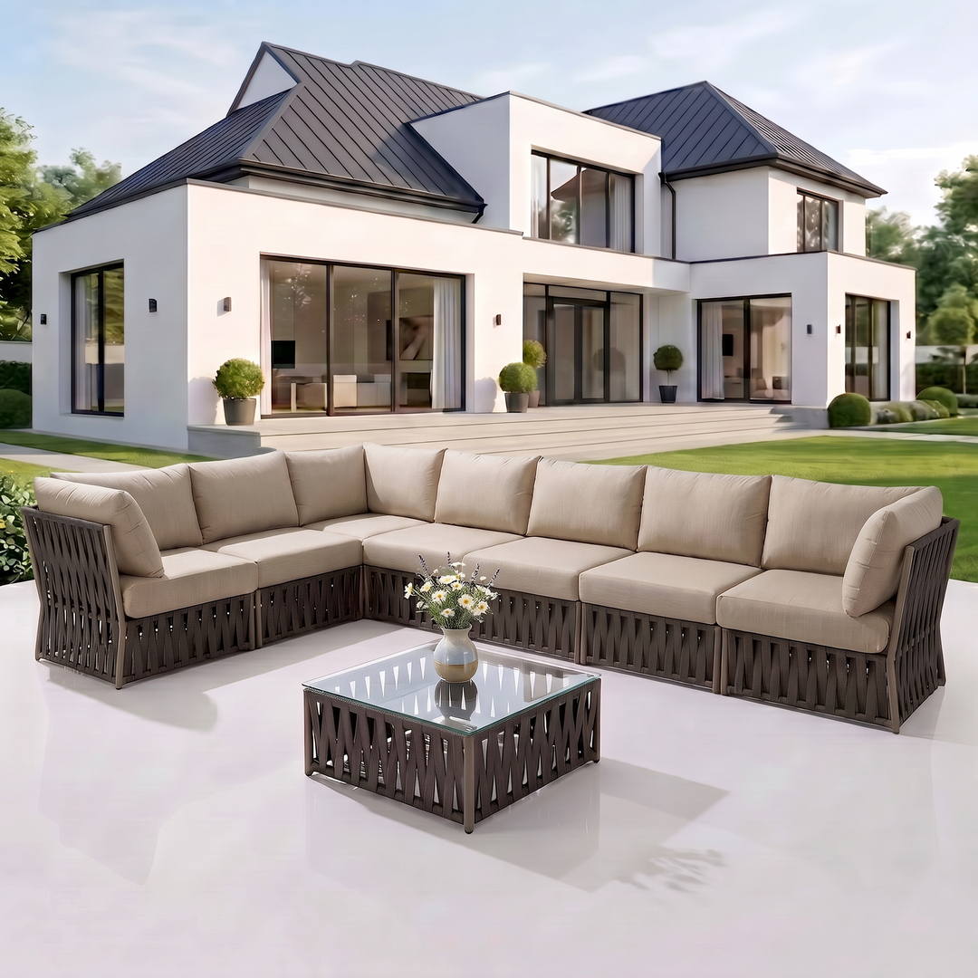 Valencia Outdoor Sofa Set 7 Seater, 1 Center Table Set Braided & Rope