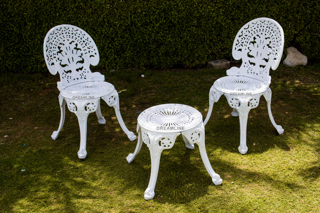 Zinc Cast Aluminium Garden Patio Seating 2 Chair and 1 Table Set (White)