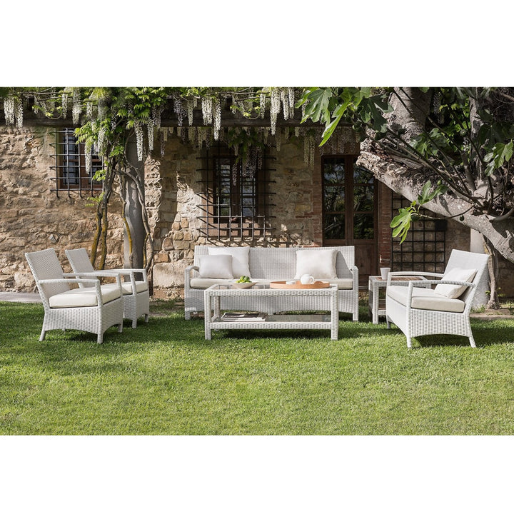 Hudson Outdoor Garden Balcony Sofa Set 3 Seater, 2 Seater With 2 Single Seater and 1 Center Table With 1 Side Table Set (White)