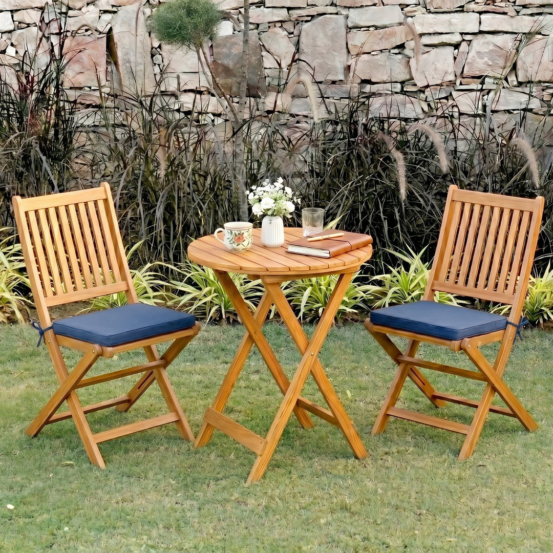 Erica  3-Piece Solid Acacia Wood Outdoor Bistro Set with Folding Chairs, Round Patio Table Set (Brown)