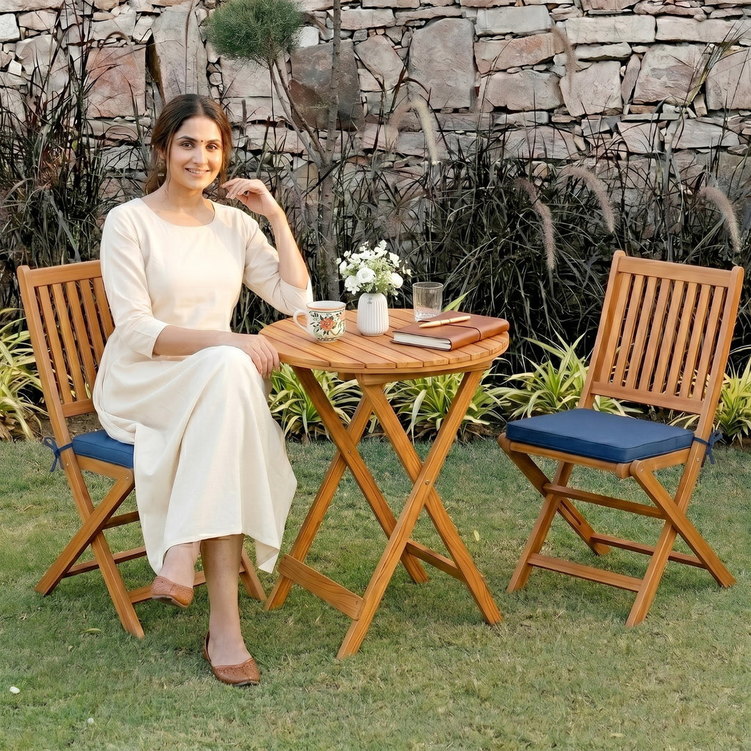 Erica  3-Piece Solid Acacia Wood Outdoor Bistro Set with Folding Chairs, Round Patio Table Set (Brown)