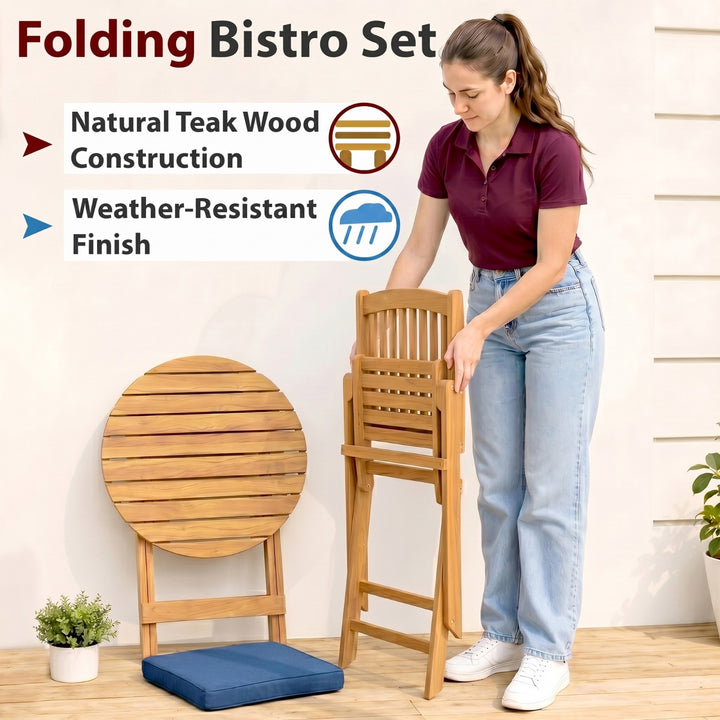 Erica  3-Piece Solid Acacia Wood Outdoor Bistro Set with Folding Chairs, Round Patio Table Set (Brown)