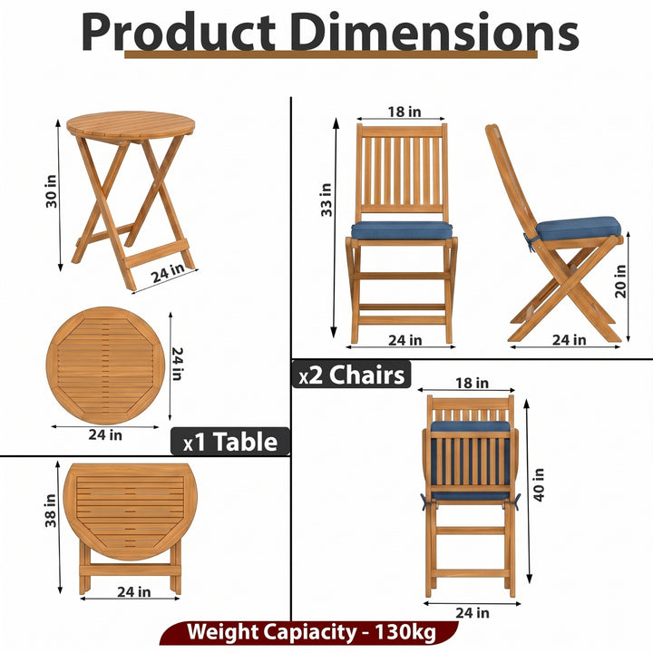 Erica  3-Piece Solid Acacia Wood Outdoor Bistro Set with Folding Chairs, Round Patio Table Set (Brown)