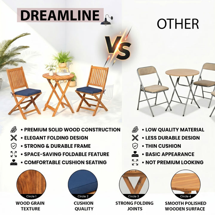 Erica  3-Piece Solid Acacia Wood Outdoor Bistro Set with Folding Chairs, Round Patio Table Set (Brown)