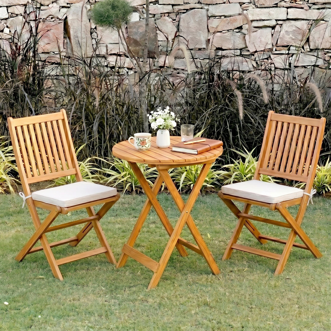 Erica  3-Piece Solid Acacia Wood Outdoor Bistro Set with Folding Chairs, Round Patio Table Set (Brown)
