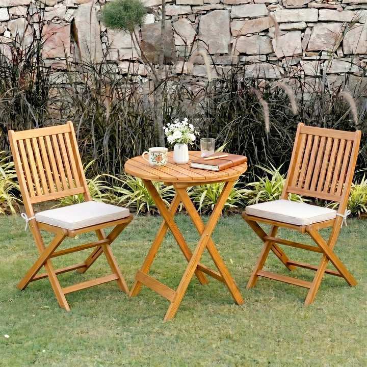 Erica  3-Piece Solid Acacia Wood Outdoor Bistro Set with Folding Chairs, Round Patio Table Set (Brown)