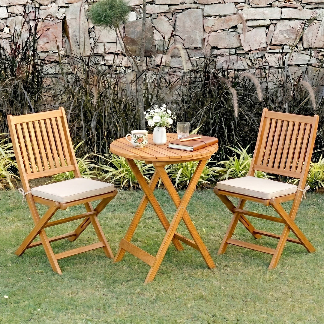 Erica  3-Piece Solid Acacia Wood Outdoor Bistro Set with Folding Chairs, Round Patio Table Set (Brown)