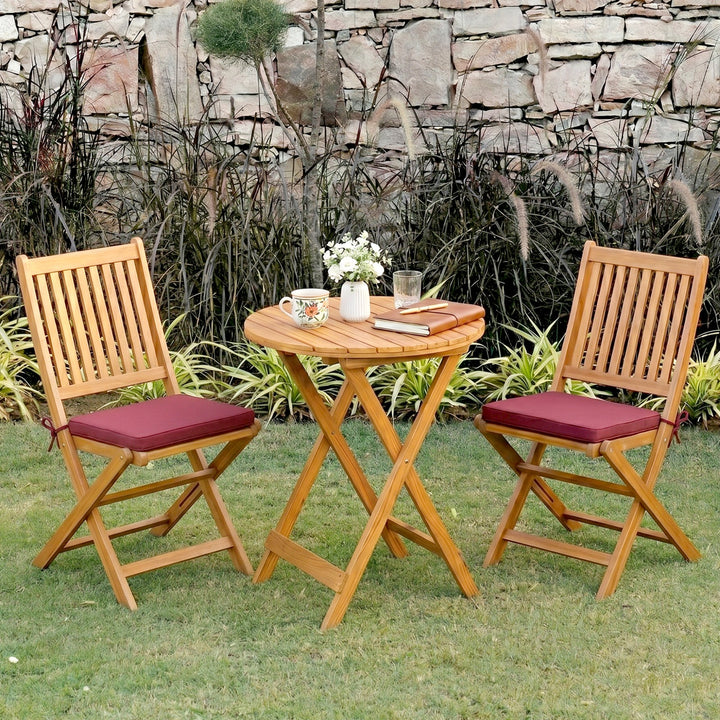 Erica  3-Piece Solid Acacia Wood Outdoor Bistro Set with Folding Chairs, Round Patio Table Set (Brown)