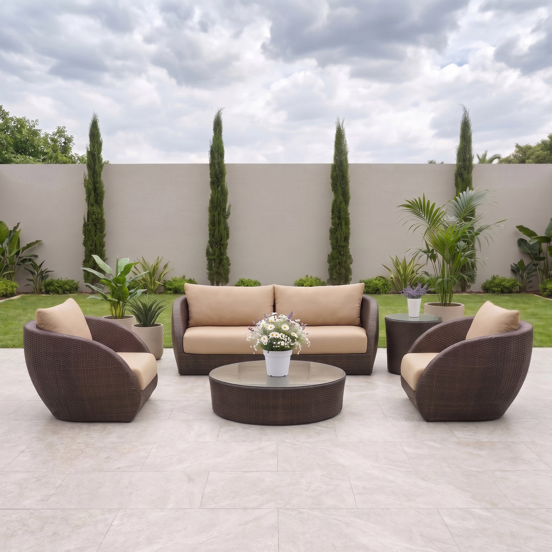 Zomera Outdoor Garden Balcony Sofa Set 3 Seater, 2 Single seater and 1 Center Table With Side Table Set (Brown)