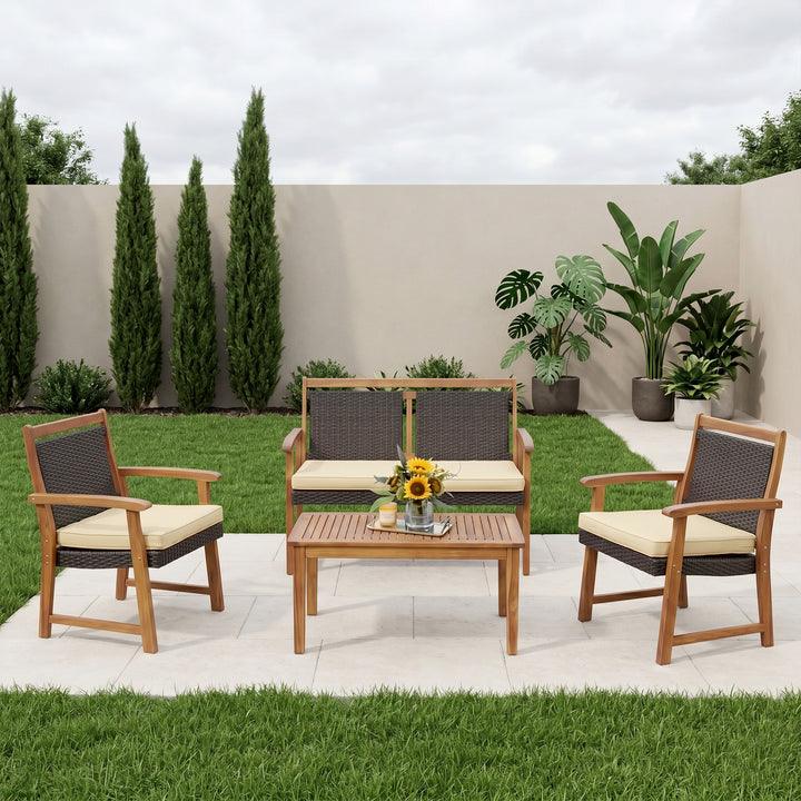 Zyan Outdoor Garden Balcony Sofa Set 2 Seater , 2 Single Seater 1 Center Table Set (Brown) Braided and Rope