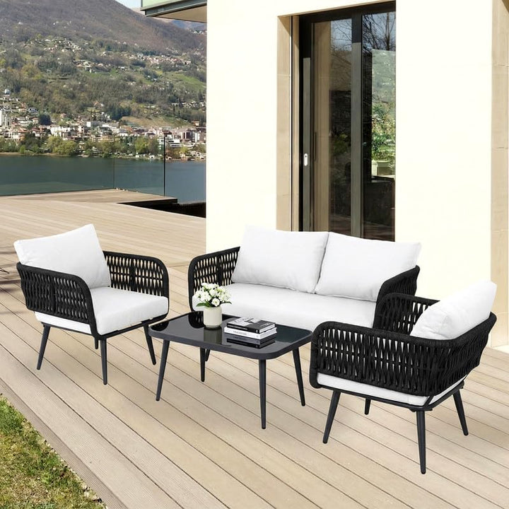 Polari Outdoor Garden Balcony Sofa Set 2 Seater , 2 Single Seater 1 Center Table Set (Grey) Braided and Rope