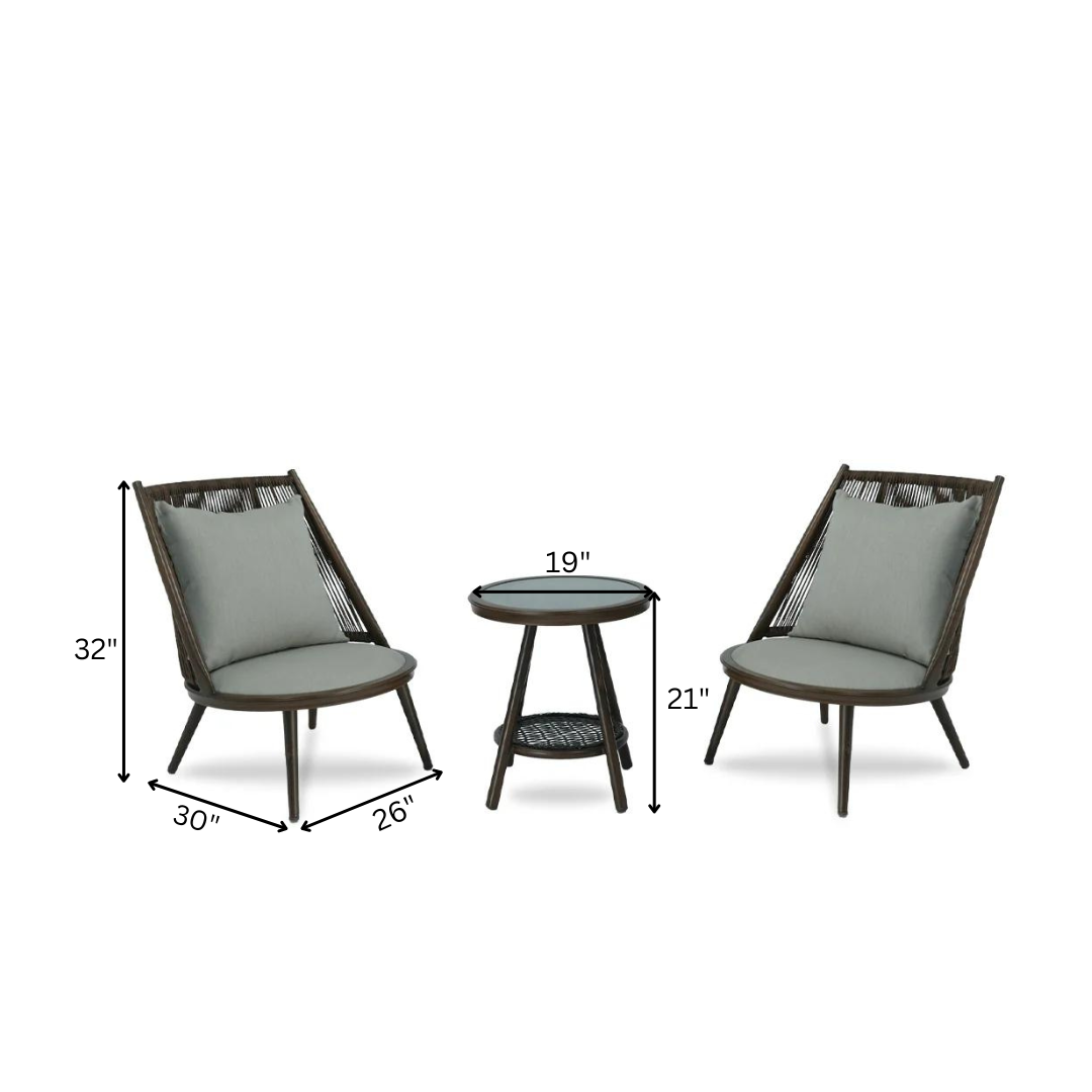 Felix Outdoor Patio Seating Set 2 Chairs and 1 Table Set (Grey) Braided & Rope