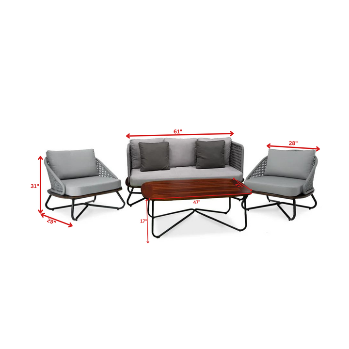 Marcela Outdoor Sofa Set 3 Seater, 2 Single seater and 1 Center Table Set (Grey) Braided & Rope