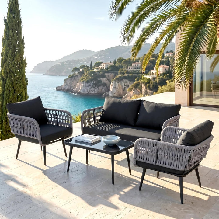 Polari Outdoor Garden Balcony Sofa Set 2 Seater , 2 Single Seater 1 Center Table Set (Grey) Braided and Rope