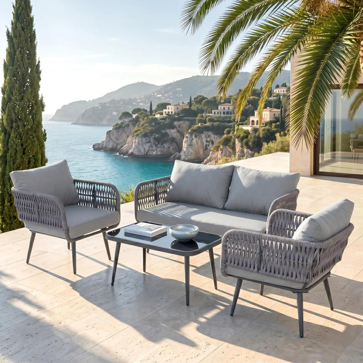 Polari Outdoor Garden Balcony Sofa Set 2 Seater , 2 Single Seater 1 Center Table Set (Grey) Braided and Rope